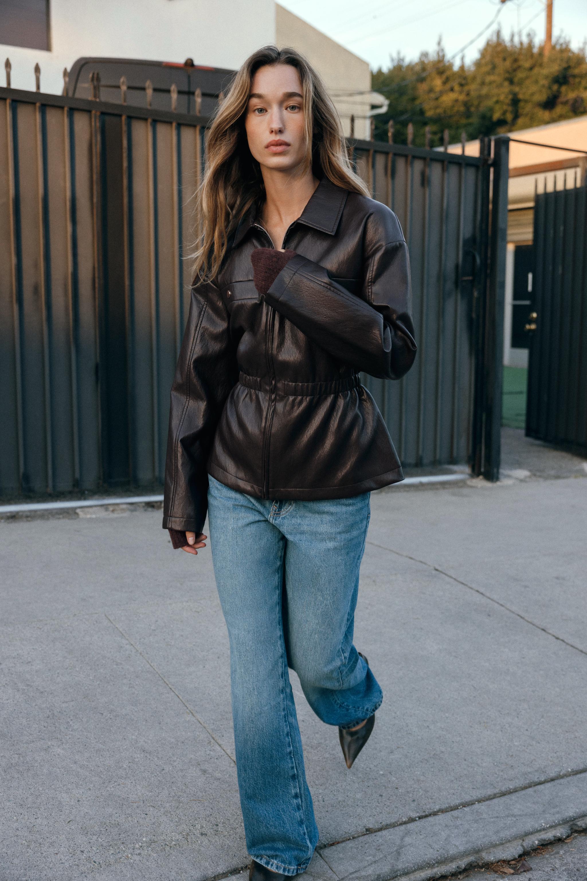 ELASTIC WAIST FAUX LEATHER JACKET